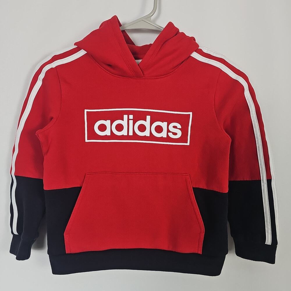 adidas Boys Fleece Hoodie Red Black Colorblock Box Logo Sweatshirt Size 6